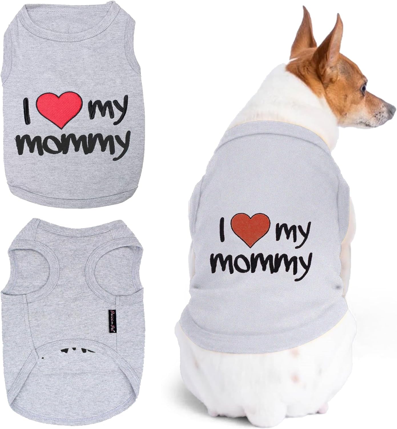 Parisian Pet Unisex Dog T-Shirt with Embroidered 'I Love My Mommy' Words - 100% Cotton, I Love My Mom Shirt - Breathable Sleeveless Pet Vest - Grey Dog Shirts for Small Dogs, XS