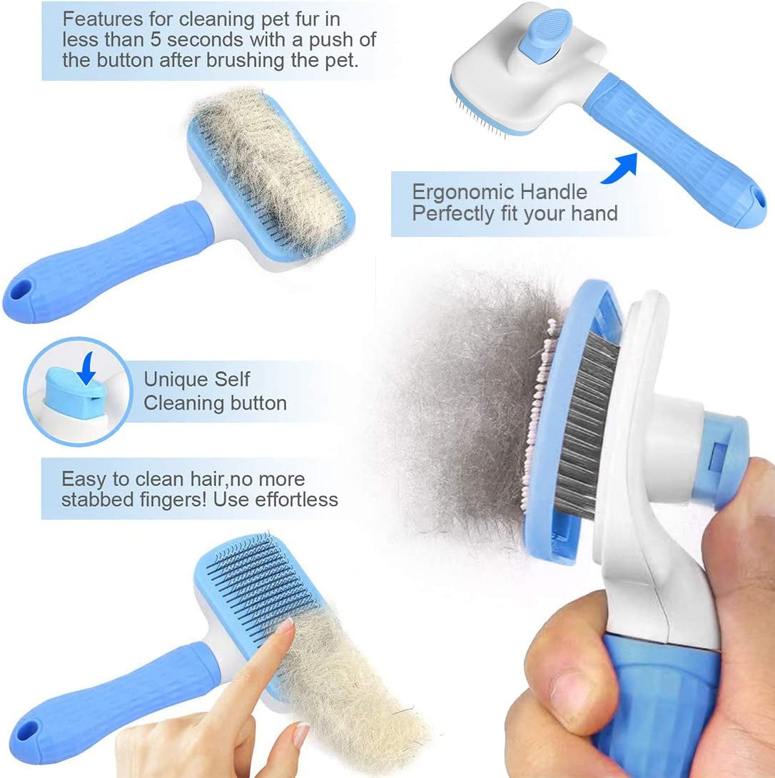 Atlamia Self Cleaning Slicker Brush,Dog Brush & Cat Brush with Massage Particles,Removes Loose Hair & Tangles,Skin Friendly & Promote Circulation-Blue