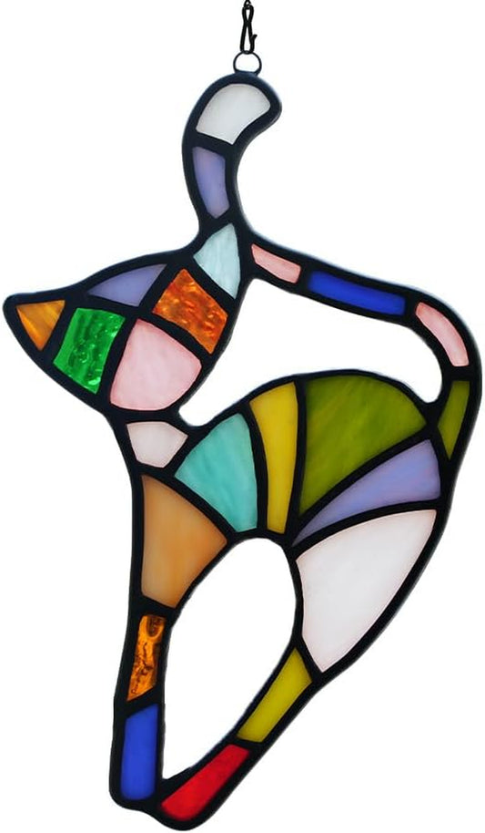 BOXCASA Cat Stained Glass Suncatcher for Window,Rainbow Cat Stretching Rainbow Bridge Cat Gifts for Cat Lovers,Colorful Stained Glass Window Hanging Cat Themed Gifts for Women