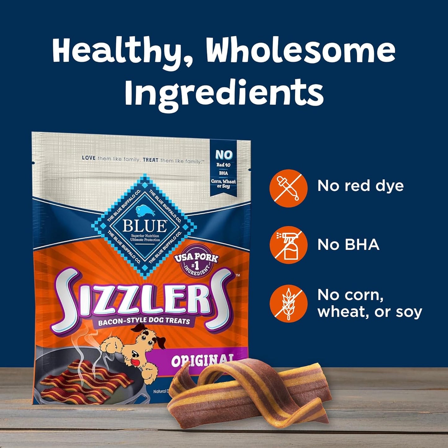 Blue Buffalo Sizzlers Natural Soft Dog Treats, Bacon-Style Soft-Moist Dog Treats with Real USA Pork, Original Flavor, 6-Oz. Bag