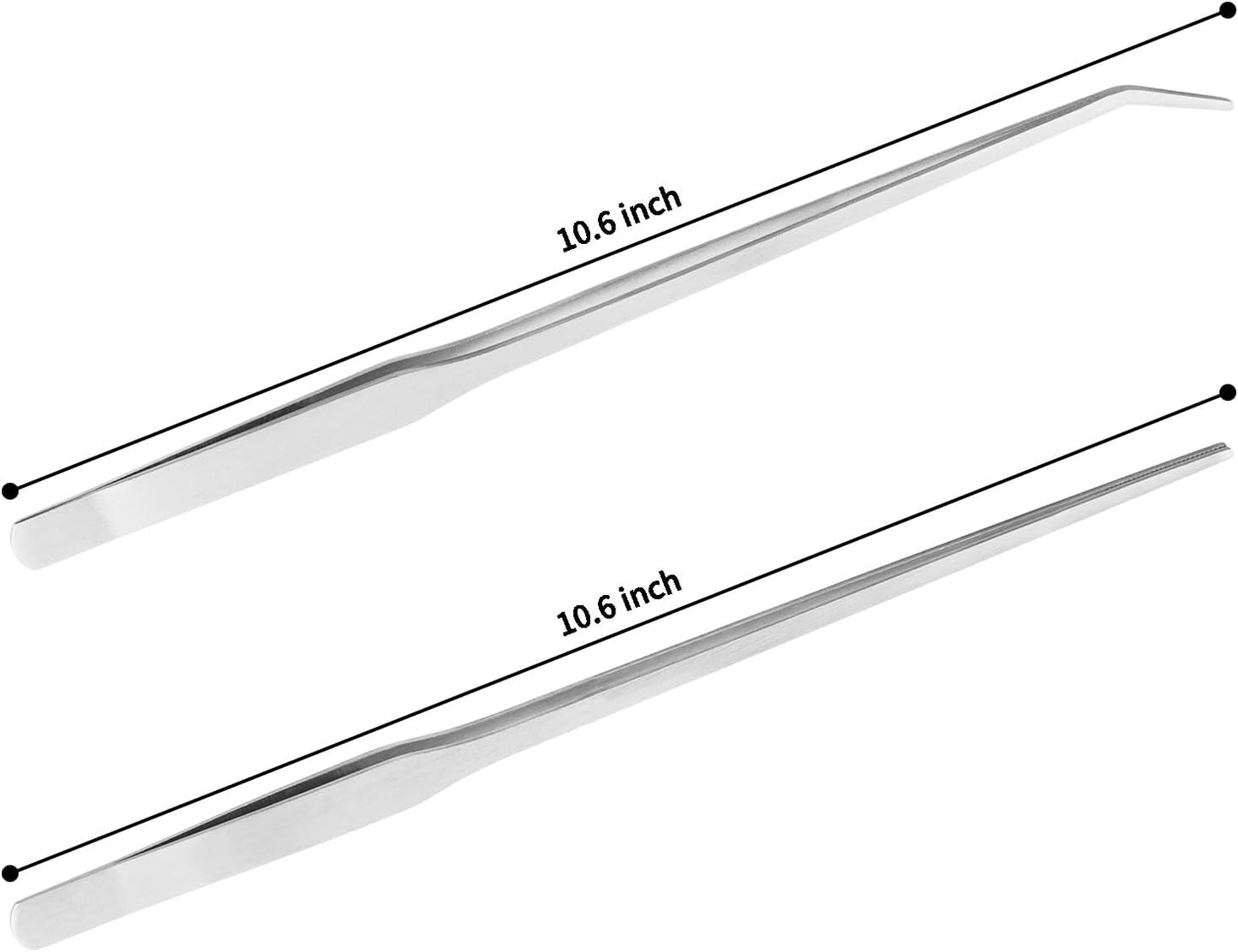 2PCS Long Aquarium Tweezers - 10.6" Straight and Curved Tweezers, Stainless Steel Reptile Feeding tongs, Terrarium Aquascape Tools Feeder for Lizards, Bearded Dragon Snake Tank Accessories