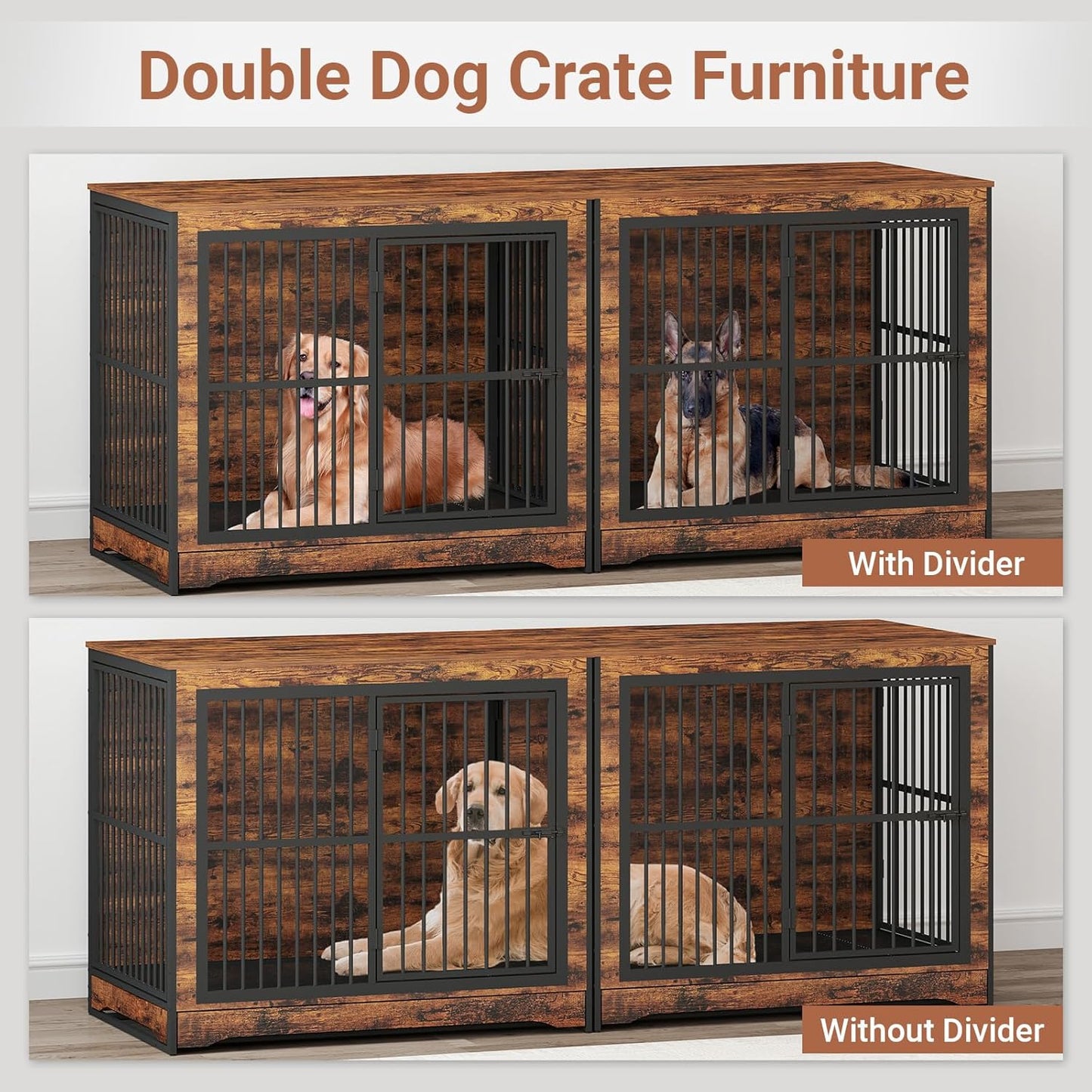 86 Inch DIY Double Dog Crate Furniture, 4 Combination Forms Large Dog Kennel Furniture with Divider and Trays, Rustic Brown Corner Double Dog Crate for 2 Dogs