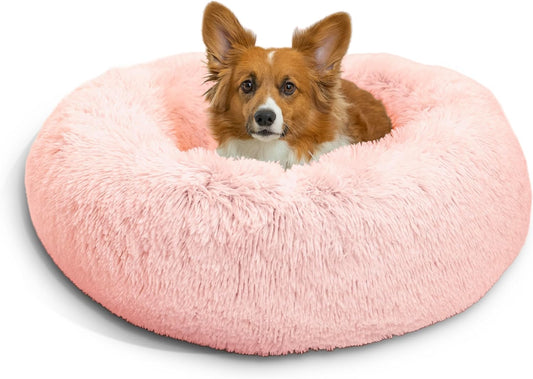 Best Friends by Sheri the Original Calming Donut Cat and Dog Bed in Shag Fur Cotton Candy Pink, Medium 30"