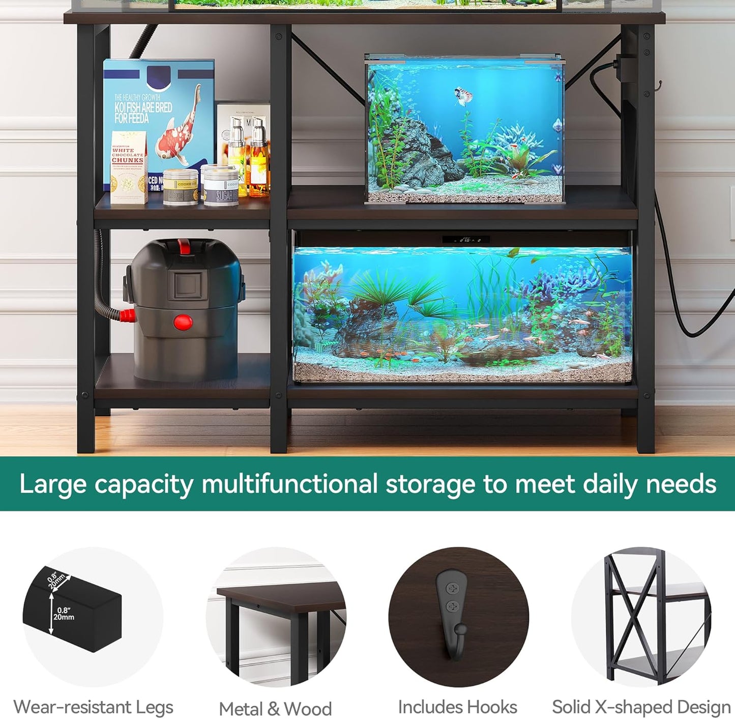 YITAHOME 40-50 Gallon Fish Tank Stand with Power Outlet, 40x18 Inch Metal Aquarium Stand with 3-Tier Adjustable Storage Shelves and Hooks, 700LBS Capacity, Black