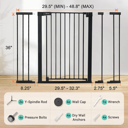 COMOMY 30" Tall Baby Gate for Stairs Doorways, Fits Openings 29.5" to 46" Wide, Auto Close Extra Wide Dog Gate for House, Pressure Mounted Easy Walk through Pet Gate with Door, White