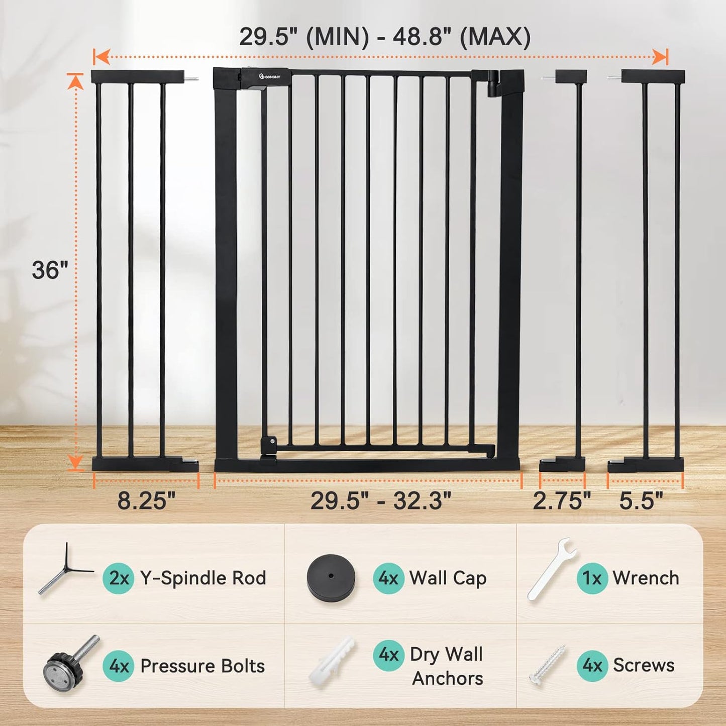 COMOMY 30" Tall Baby Gate for Stairs Doorways, Fits Openings 29.5" to 40.5" Wide, Auto Close Extra Wide Dog Gate for House, Pressure Mounted Easy Walk through Pet Gate with Door, Black