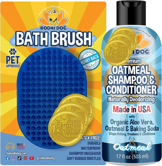 Bodhi Dog Shampoo Brush and Oatmeal Shampoo & Conditioner Bundle | Pet Shower & Bath Supplies for Cats & Dogs | Dog Grooming Quality Dog Wash Brush for Long & Short Hair Dog Scrubber for Bath