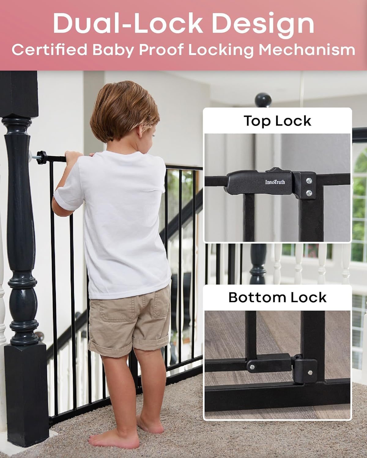 Innotruth 39.6” Dog Gate for Stairs & Doorways, 30" Tall Baby Gate Pressure Mount Pet Gates, Easy Step Auto Close Both Sides Walk Thru Child Gate, Dual-Lock Safety Design and One-Hand Opening, Black