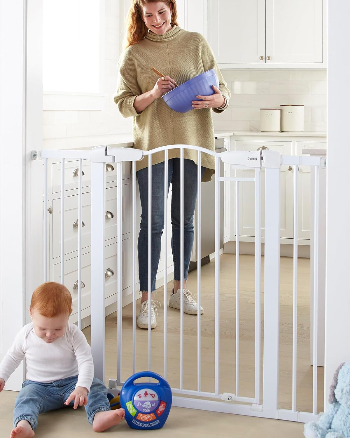 Cumbor 29.7-46" Wide Extra Tall Safety Dog and Baby Gate, 36" Tall Pressure Mounted Auto Closed Pet Gate for Stairs,Doorway, Easy Walk Thru Child Gate for the House, White, Mom'S Choice Awards Winner