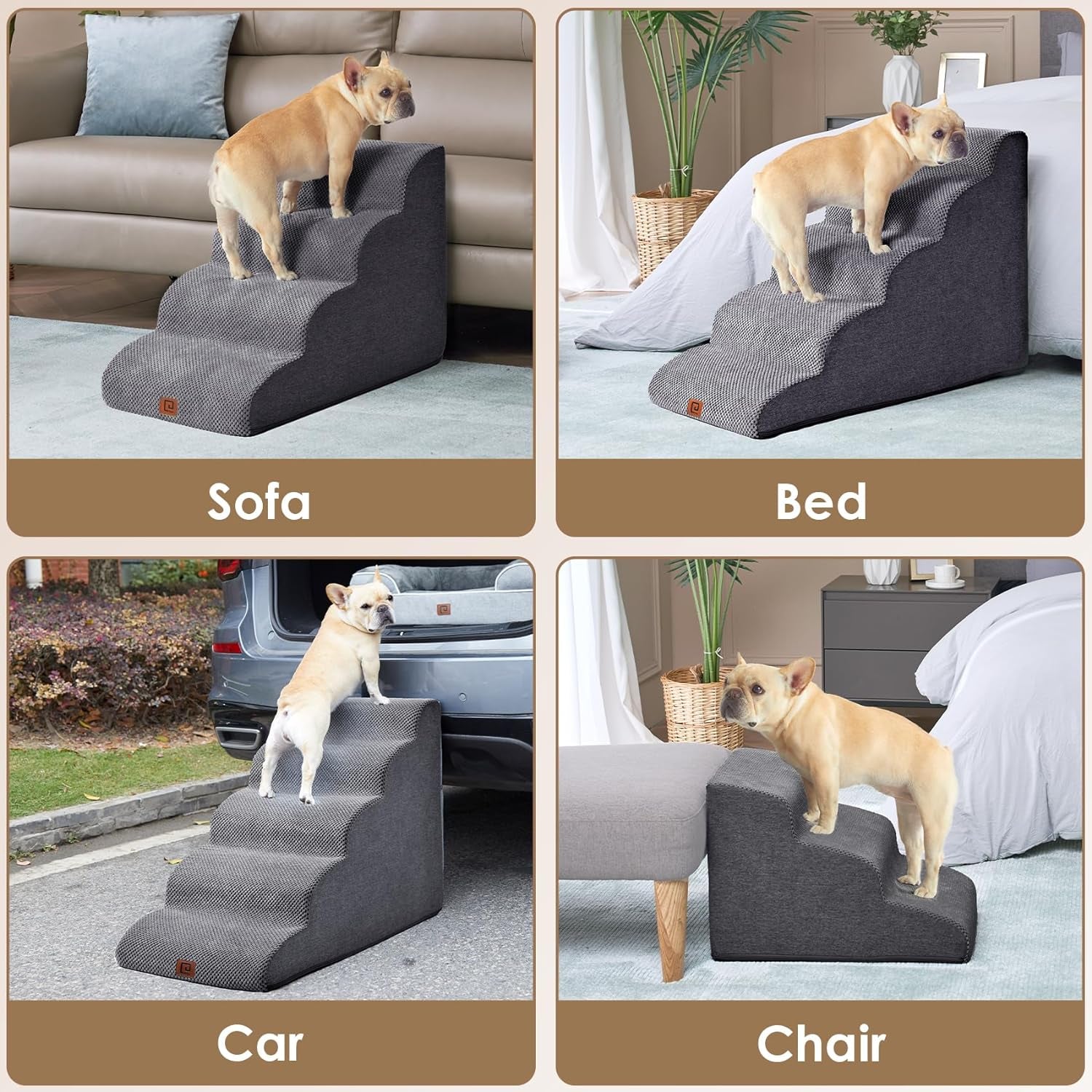 EHEYCIGA Curved Dog Stairs for High Beds 19.7" H, 4-Step Dog Steps for Small Dogs and Cats, Pet Stairs for High Bed Climbing, Non-Slip Balanced Pet Step Indoor, Beige