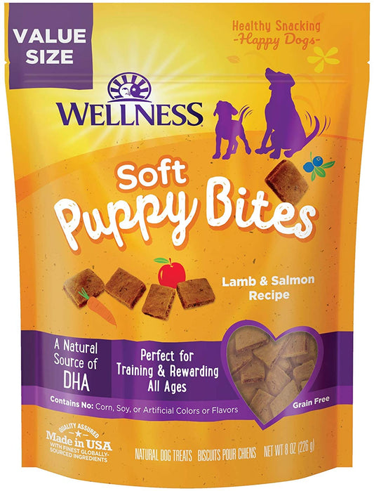 Wellness Soft Puppy Bites Healthy Grain-Free Treats for Training, Dog Treats with Real Meat and DHA, No Artificial Flavors (Lamb & Salmon, 8-Ounce Bag)