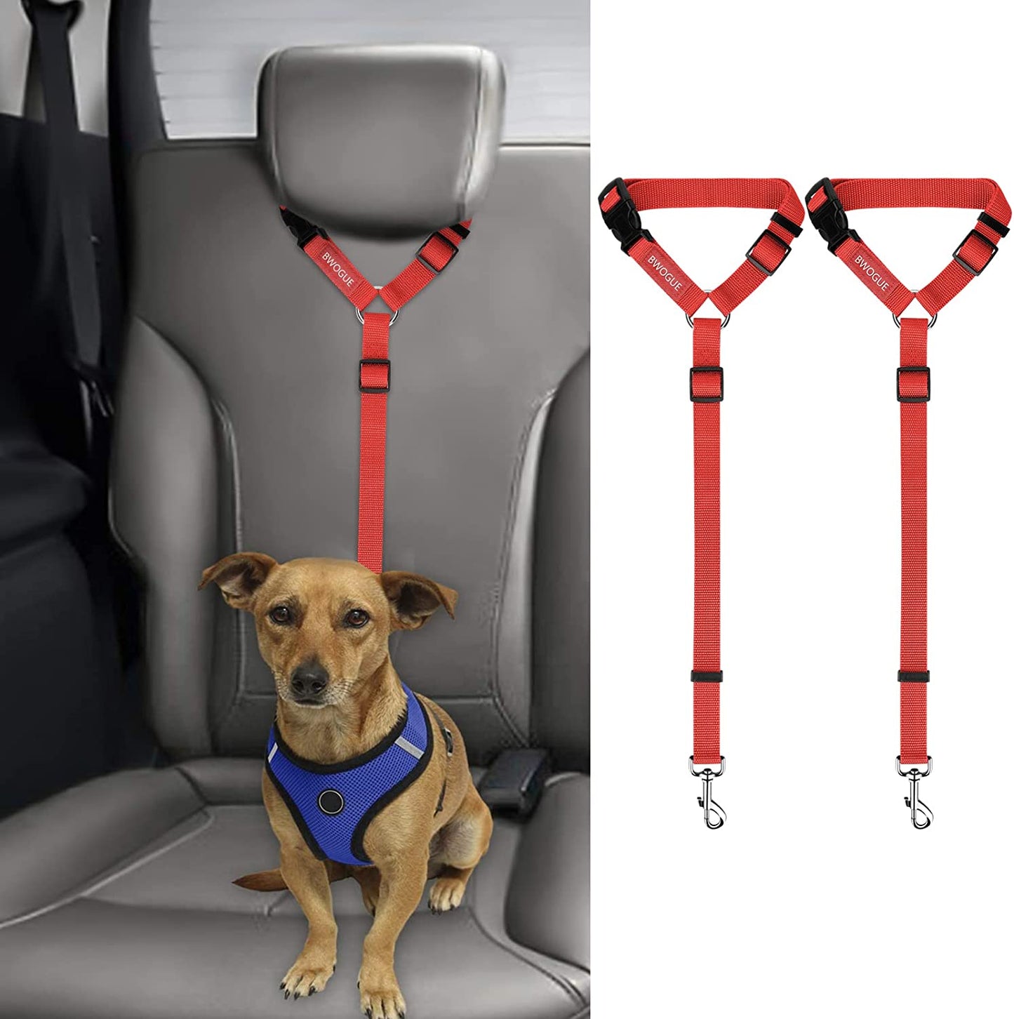 BWOGUE 2 Packs Dog Cat Safety Seat Belt Strap Car Headrest Restraint Adjustable Nylon Fabric Dog Restraints Vehicle Seatbelts Harness Red