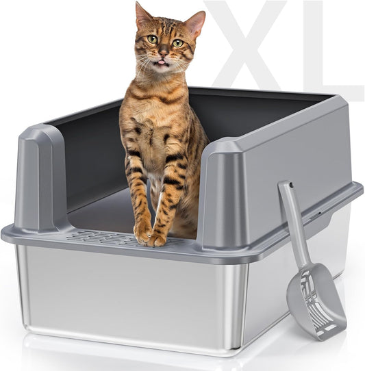 Enclosed Stainless Steel Cat Litter Box with Lid, Odorless XL Metal Litter Box for Big Cats, Extra Large Kitty Litter Box, Easy Clean Steel Litter Box Anti-Leakage, Include Litter Scoop