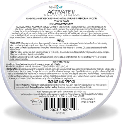 Tevrapet Activate II Flea and Tick Collar for Dogs, 12 Months Prevention, 2 Count, One Size Fits All