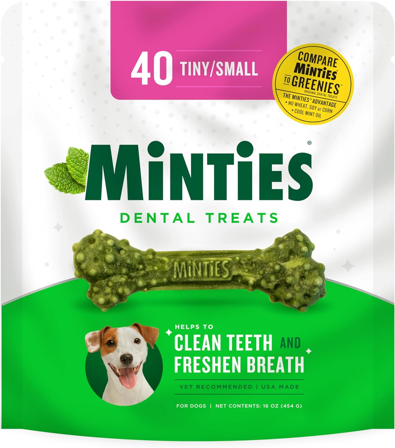 Minties Dental Chews for Dogs, 40 Count, Vet-Recommended Mint-Flavored Dental Treats for Tiny/Small Dogs 5-24 Lbs, Dental Bones Clean Teeth, Fight Bad Breath, and Removes Plaque and Tartar