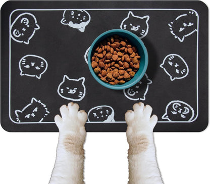 YCT Cat Food Mat for Pet Dog Food Mat, Cat Mat for Food and Water, Cat Feeding Mat Pet Dog Cat Bowl Mat, Non-Slip Super Absorbent, with Multiple Cat Heads Logo，18.1 X 11.8 Inches, Black