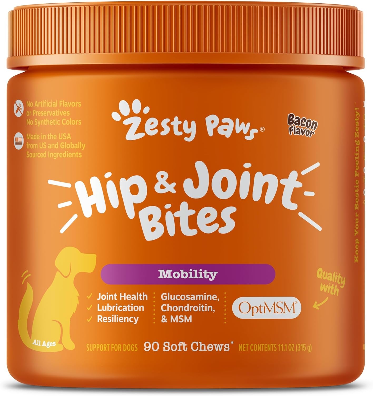 Zesty Paws Hip and Joint Supplement for Dogs - Glucosamine for Dog Joint Supplement - with Chondroitin, MSM, Vitamins C and E for Dog Joint Relief - Mobility Bites Bacon – 50 Count