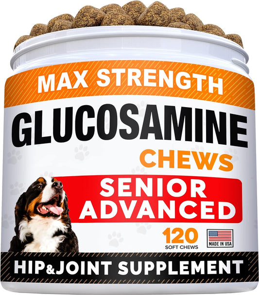 Senior Advanced Glucosamine Chondroitin Joint Supplement for Dogs - Hip & Joint Pain Relief Pills - Large & Small Breed - Hip Joint Chews Canine Joint Health - Chews Older Dogs - Bacon Flavor-120Ct