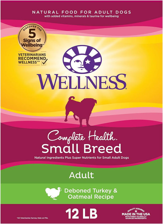 Wellness Complete Health Small Breed Adult Dry Dog Food with Grains and Real Turkey, Natural Ingredients, Omega Fatty Acids, and Probiotics, Made in USA (12-Pound Bag)”