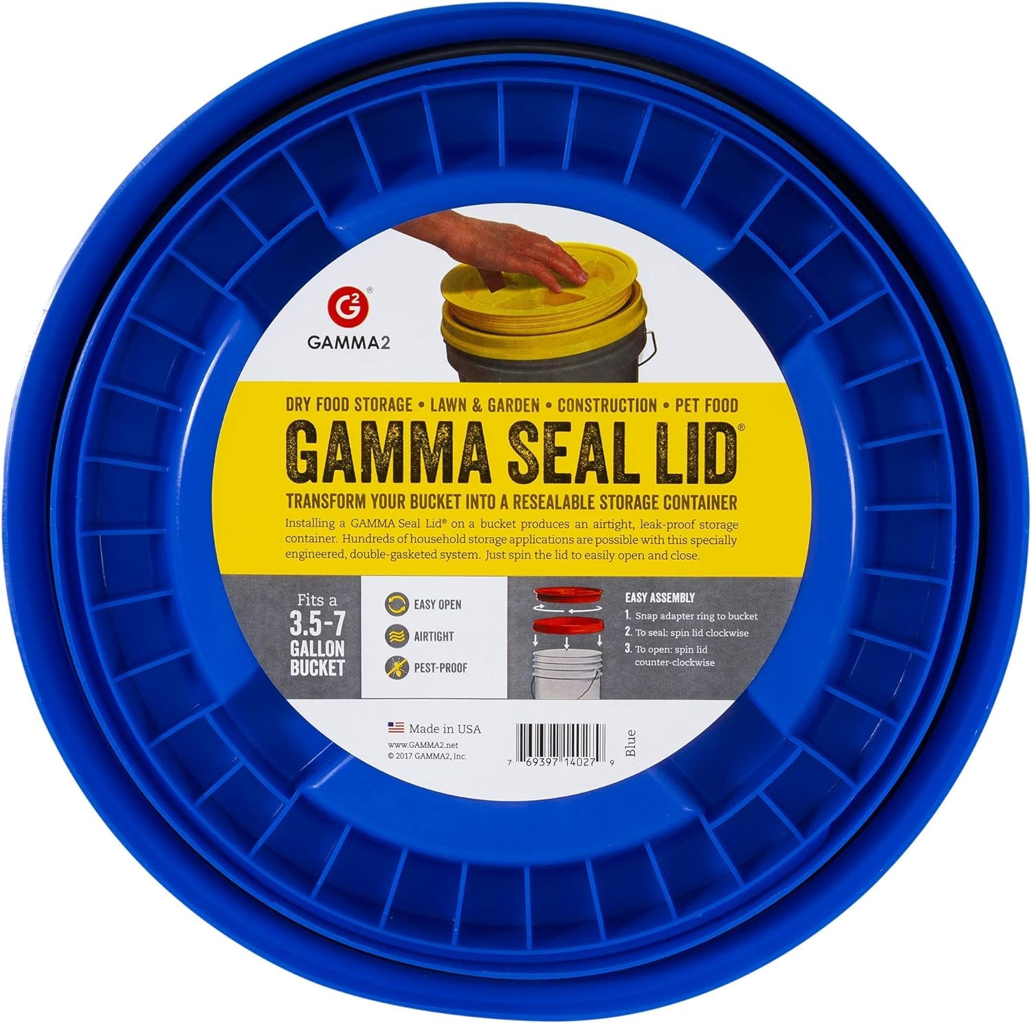 Gamma2 Gamma Seal Lid – Turn Your Standard Utility Bucket into an Airtight Storage Container – Fits a 3.5 to 7 Gallon Bucket - Blue, Made in USA