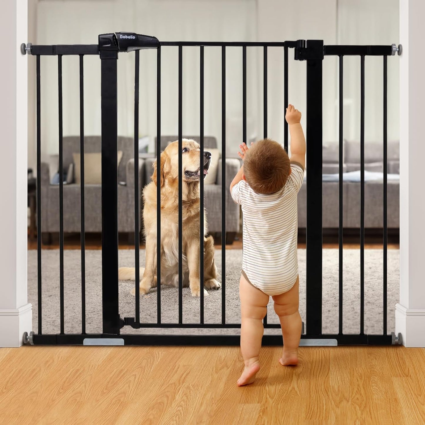 BABELIO 36 Inch Tall Metal Baby Gate, 29-48" Auto Close Pressure Mounted Dog Gate for Stairs、Doorways & Hallway, Easy Walk Thru Pet Gate, Child Gate with 2*Y Spindle Rods,Black