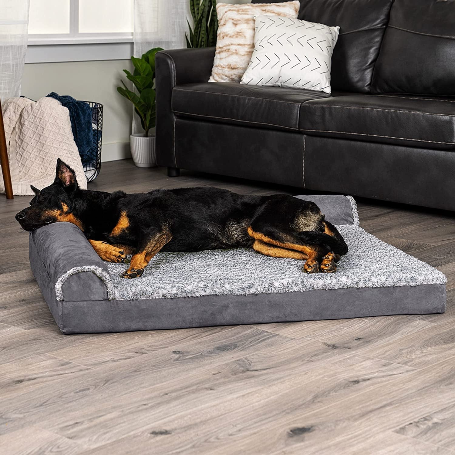 Furhaven Memory Foam Dog Bed for Large Dogs W/ Removable Bolsters & Washable Cover, for Dogs up to 95 Lbs - Two-Tone Plush Faux Fur & Suede L Shaped Chaise - Stone Gray, Jumbo/Xl