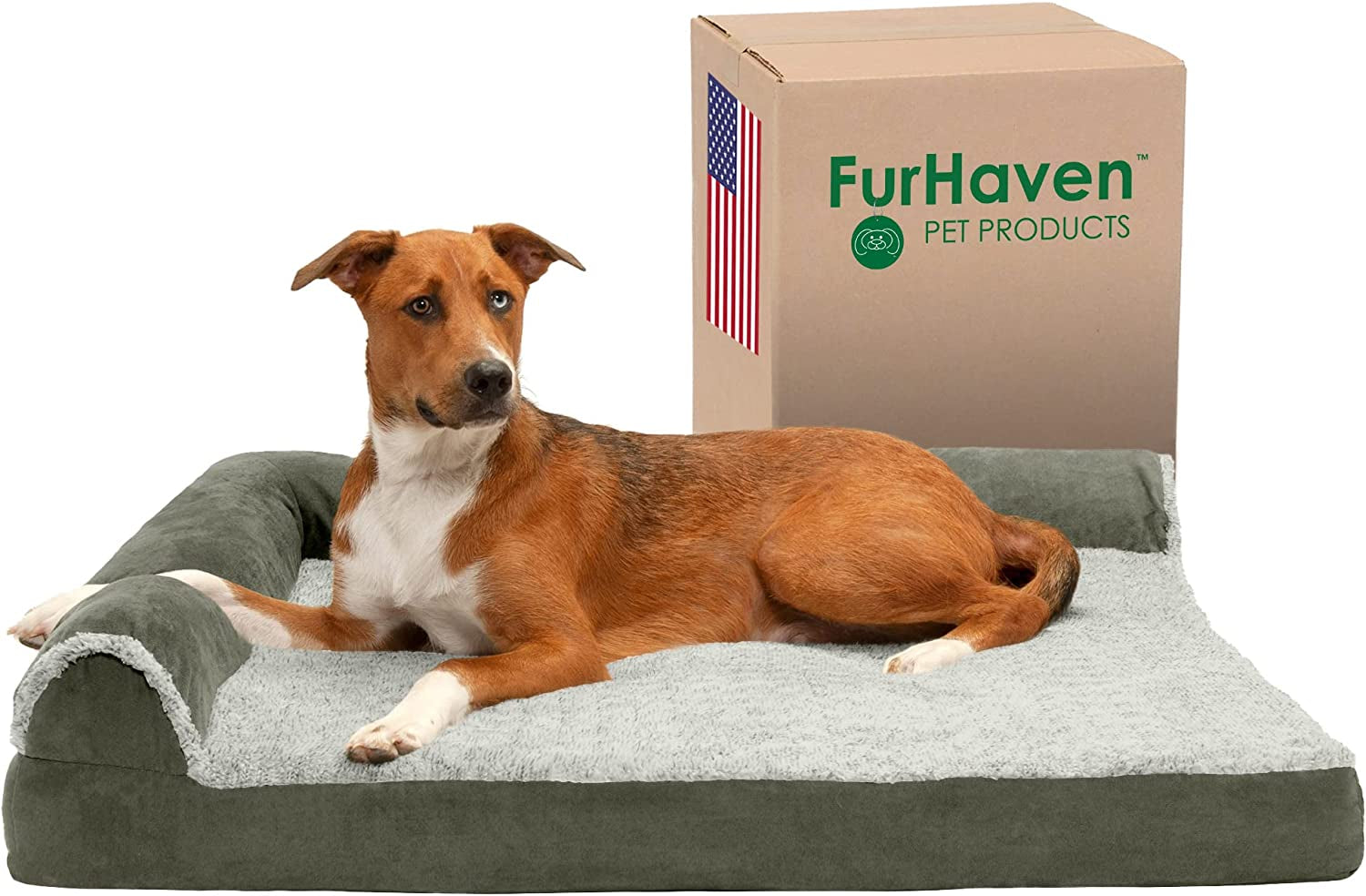 Furhaven Cooling Gel Dog Bed for Large Dogs W/ Removable Bolsters & Washable Cover, for Dogs up to 95 Lbs - Two-Tone Plush Faux Fur & Suede L Shaped Chaise - Dark Sage, Jumbo/Xl