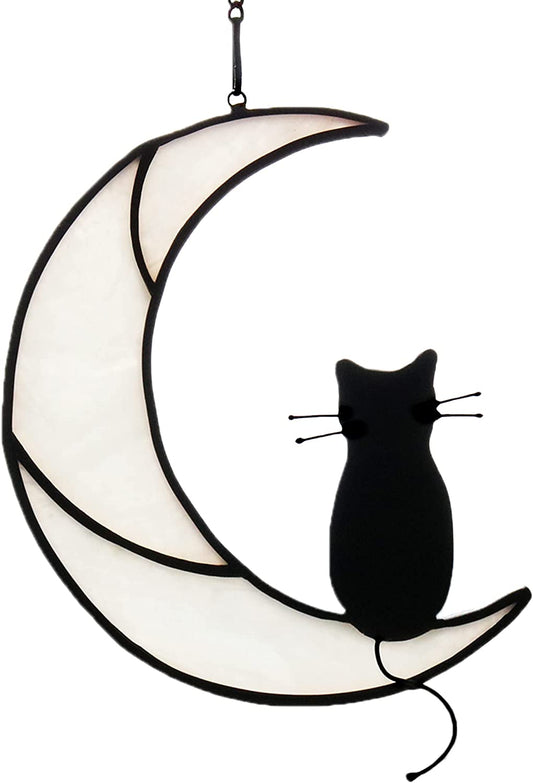 Black Cat on White Moon Stained Glass Window Hangings Ornament,Cat Memorial Gifts,Cat Gifts for Mom,Cat Themed Gifts for Cat Lovers