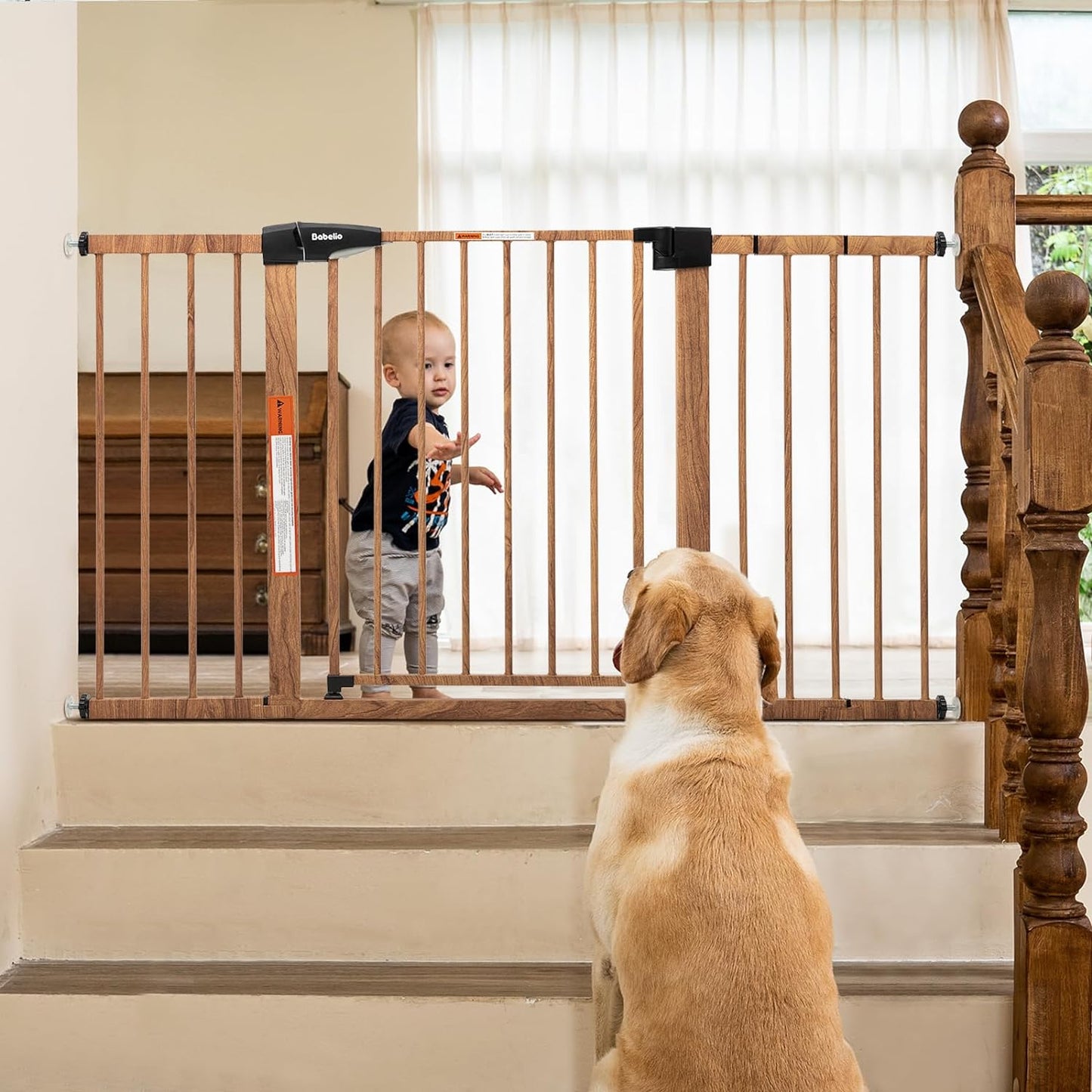 BABELIO 29-55" Extra Wide Baby Gate with Wood Pattern, Metal Auto Close Dog Gate,Pressure Mounted Pet Gate for Doorways, with Y Threaded Spindle Rods, No Tools Required