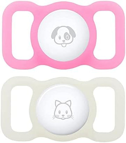 SWINCHO Airtag Dog Collar Holder(2 Pack) for Apple Airtag Anti-Lost Silicone Air Tag Holder Cat Collar (Lumious/White&Pink)