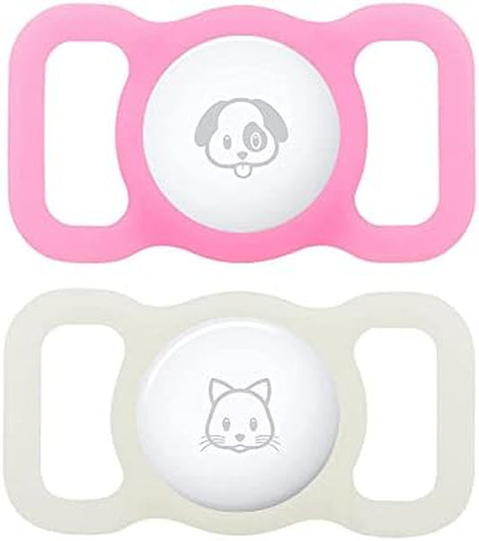 SWINCHO Airtag Dog Collar Holder(2 Pack) for Apple Airtag Anti-Lost Silicone Air Tag Holder Cat Collar (Lumious/White&Pink)