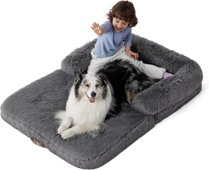 Bedsure Foldable Human Dog Bed for Kids, 2 in 1 Calming Human Size Giant Dog Bed Fits Pet Families with Egg Foam Supportive Mat and Waterproof Liner, Faux Fur Orthopedic Dog Sofa, Dark Grey