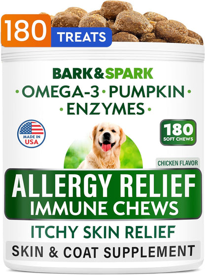 BARK&SPARK Dog Allergy Relief Chews (180 Immune Treats) - Anti-Itch Skin & Coat Supplement - Omega 3 Fish Oil - Itchy Skin Relief Treatment Pills - Itching&Paw Licking - Dry Skin & Hot Spots -Chicken