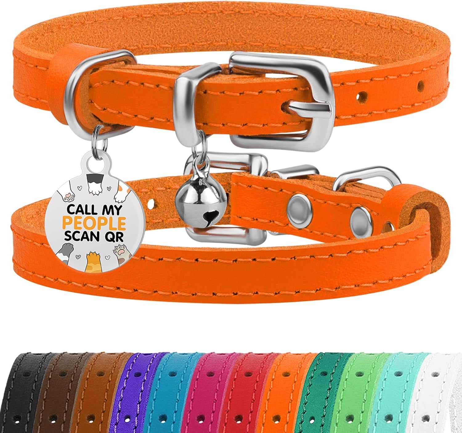 BRONZEDOG Leather Cat Collar with Bell Non Breakaway Kitten QR Tag for Girl Boy (9" - 12" Cats/Mini Dogs, Orange & Silver)