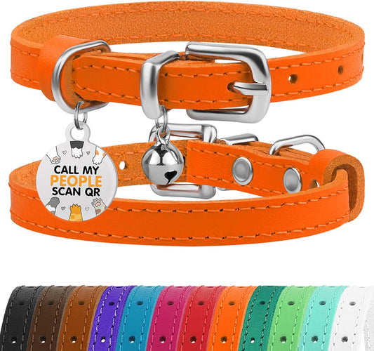 BRONZEDOG Leather Cat Collar with Bell Non Breakaway Kitten QR Tag for Girl Boy (9" - 12" Cats/Mini Dogs, Orange & Silver)