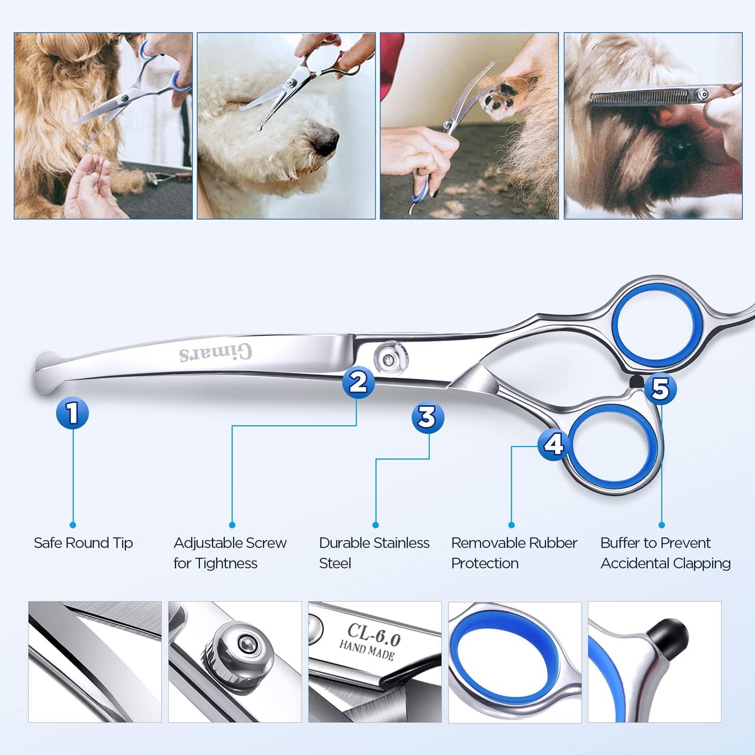 Gimars Titanium Coated Professional 6 in 1 4CR Stainless Steel Dog Grooming Scissors with Safety round Tip, Heavy Duty Pet Grooming Scissor for Dogs, Cats and Other Animals