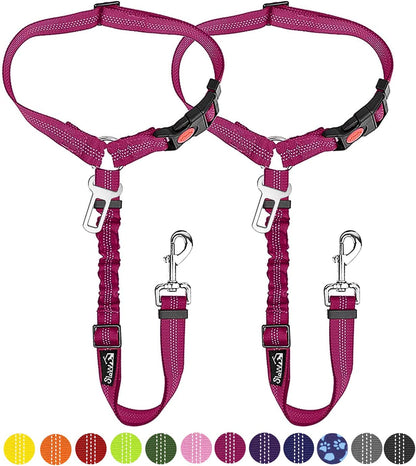 Slowton Dog Seat Belt for Car, 2 Pack Dog Car Harness Seatbelt Adjustable with Elastic Bungee Buffer, 2 in 1 Pet Car Leash Headrest Restraint Dog Reflective Safety Tether (Fushia, Headrest+Clip)