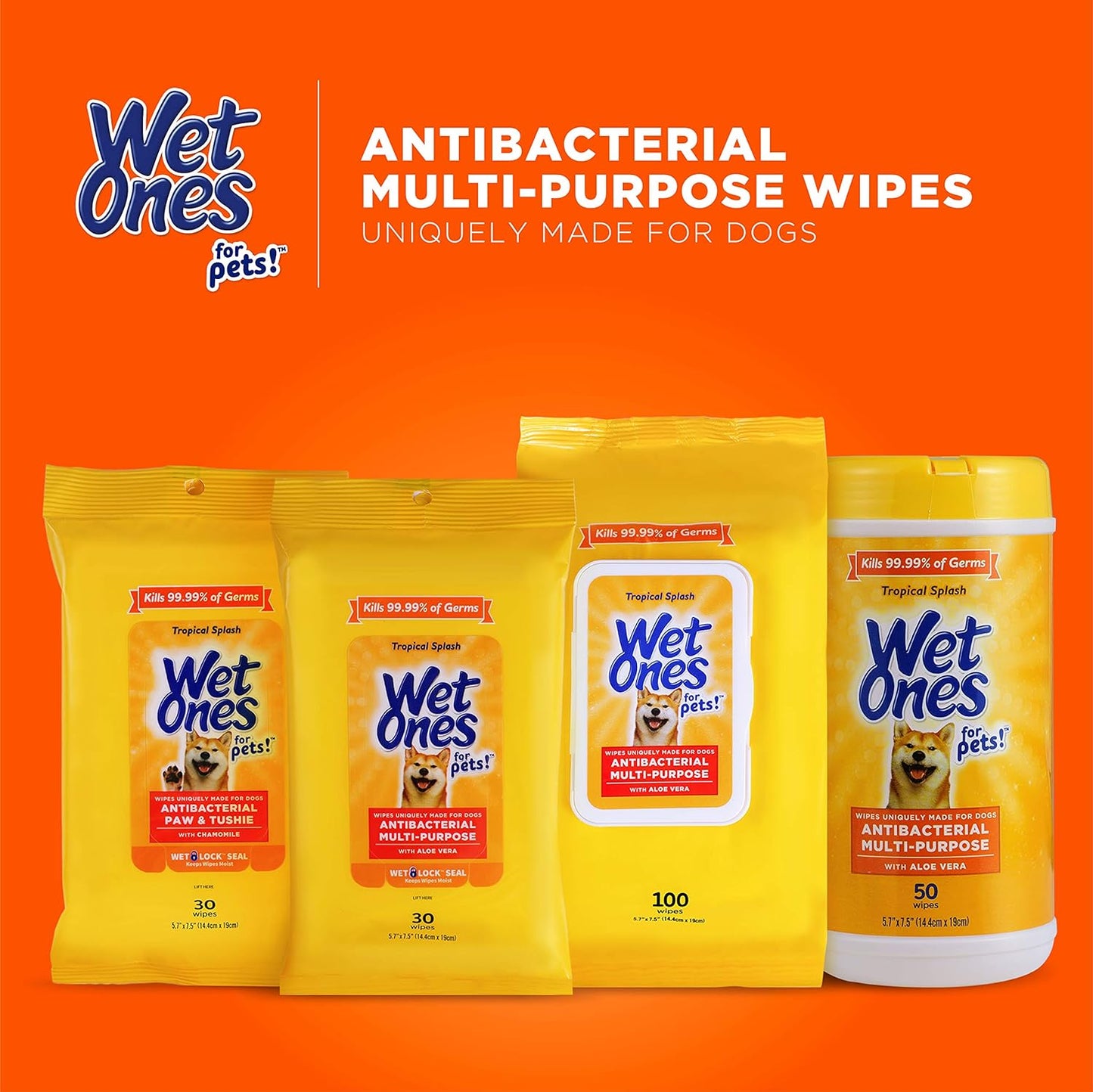 Wet Ones for Pets Multi-Purpose Dog Wipes with Aloe Vera Dog Wipes for All Dogs in Tropical Splash Scent, Wipes with Wet Lock Seal Pouch Dog Wipes (Pack of 1, 30 Count Total)