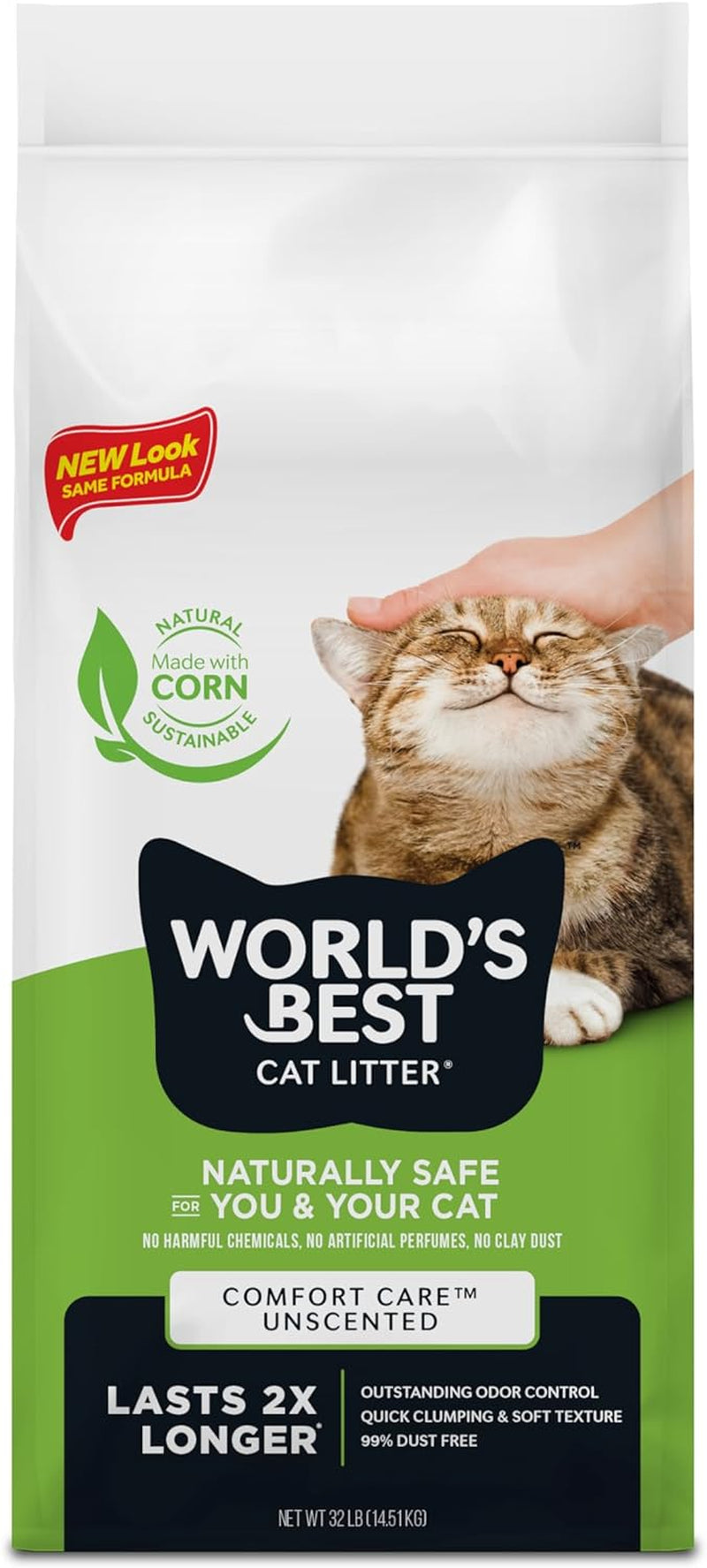 WORLD'S BEST CAT LITTER Comfort Care Unscented 15-Pounds - Natural Ingredients, Quick Clumping, Flushable, 99% Dust Free & Made in USA - Long-Lasting Odor Control & Easy Scooping