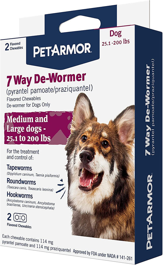 Petarmor 7 Way De-Wormer for Dogs, Oral Treatment for Tapeworm, Roundworm & Hookworm in Large Dogs & Puppies (Over 25 Lbs), Worm Remover (Praziquantel & Pyrantel Pamoate), 2 Flavored Chewables