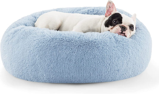 Bedsure Calming Dog Bed for Small Dogs - Donut Washable Small Pet Bed, round Anti-Slip Fluffy Plush Faux Fur Large Cat Bed, Fits up to 25 Lbs Pets, Blue, 23 Inches