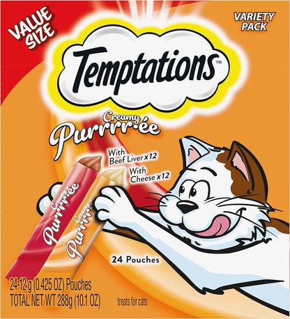 Temptations Creamy Puree with Beef Liver and Cheese, Variety Pack of Lickable, Squeezable Cat Treats, 0.42 Oz Pouches, 24 Count