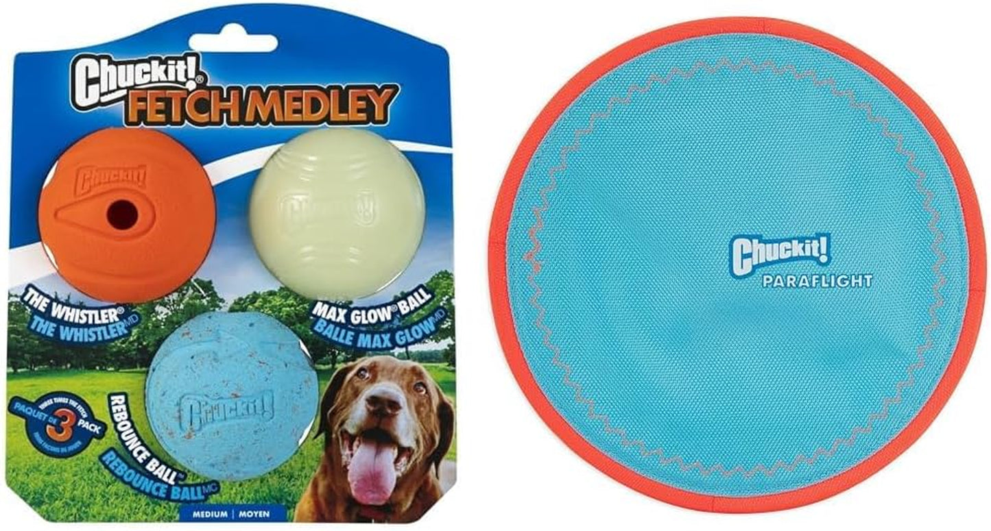 Chuckit! Fetch Medley Dog Ball Dog Toys, Medium (2.5 Inch) Pack of 3, for Medium Breeds & Paraflight Flying Disc Dog Toy, Large (9.75"), Orange and Blue