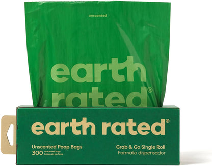 Earth Rated Dog Poop Bags, Thick Grab and Go Single Roll, Ideal for Backyard Pickups, Unscented, 300 Bags