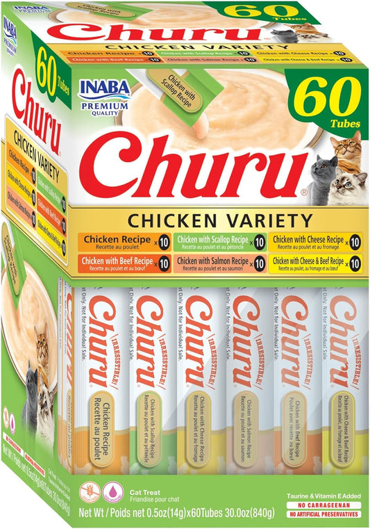 INABA Churu Cat Treats, Grain-Free, Lickable, Squeezable Creamy Purée Cat Treat/Topper, 60 Servings, Chicken Variety Box