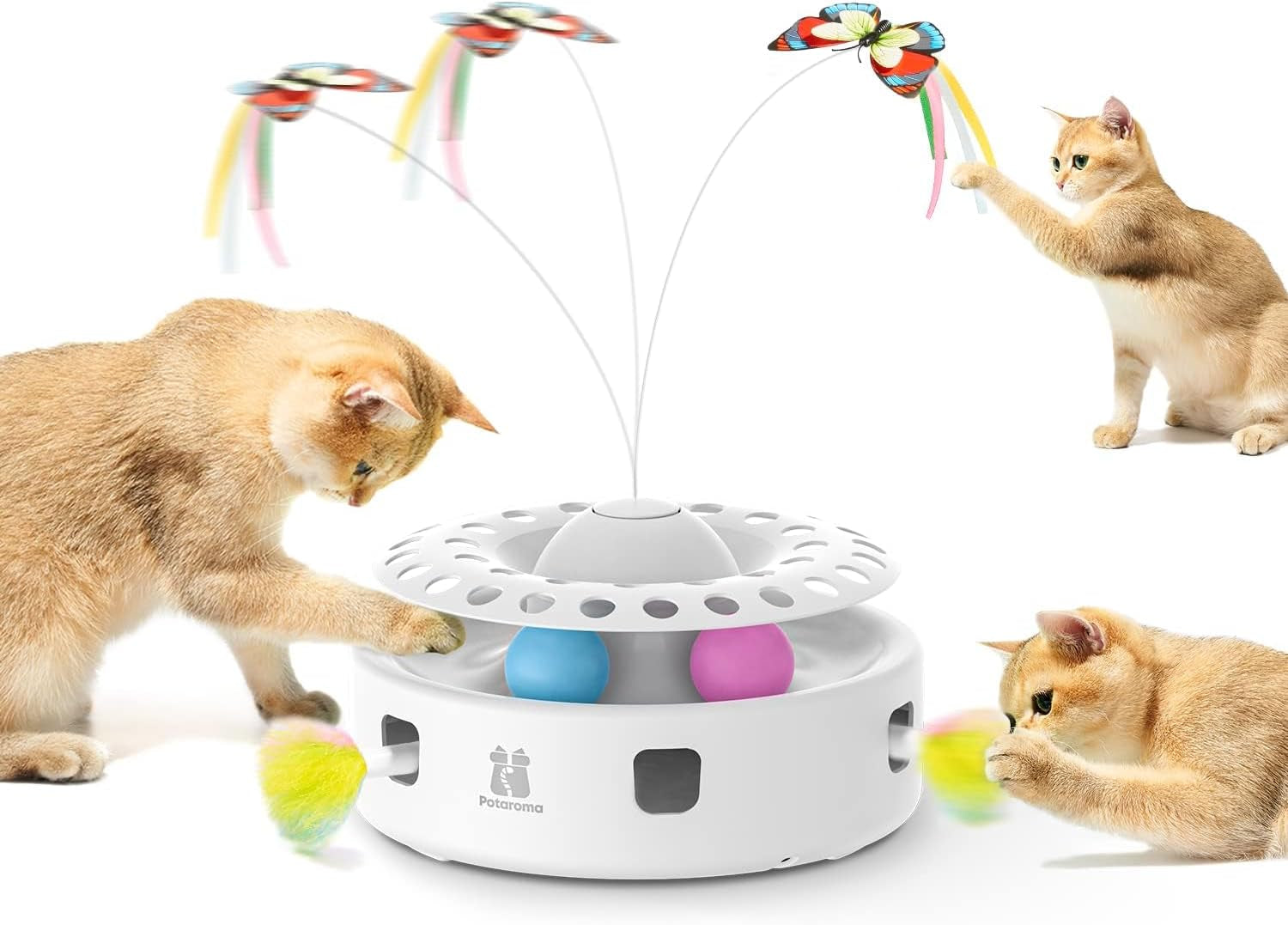 Potaroma Cat Toys 3-In-1 Automatic Interactive Kitten Toy, Fluttering Butterfly, Random Moving Ambush Feather, Track Balls, Dual Power Supplies, USB Powered, Indoor Exercise Cat Kicker (Green)