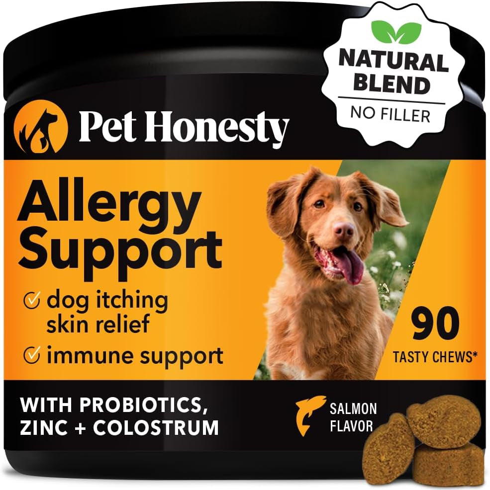 Pet Honesty Allergy Itch Relief for Dogs - Dog Allergy Support Immunity Supplement - Dog Allergy Chews, Probiotics for Dogs, Seasonal Allergies, Skin and Coat Supplement - Peanut Butter (90Ct)