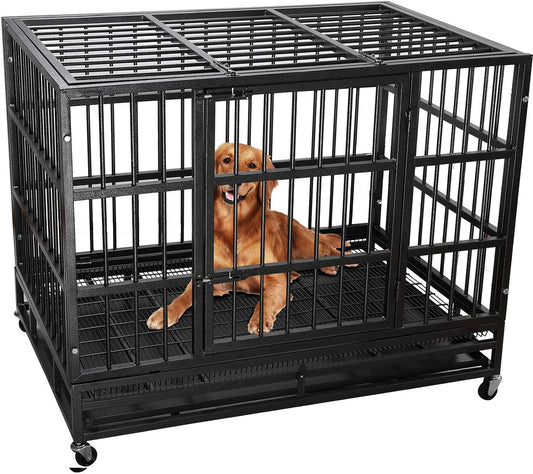 LEMBERI 48/38 Inch Heavy Duty Indestructible Dog Crate, Escape Proof Dog Cage Kennel with Lockable Wheels,High Anxiety Double Door Dog Crate,Extra Large Crate Indoor for Large Dog with Removable Tray