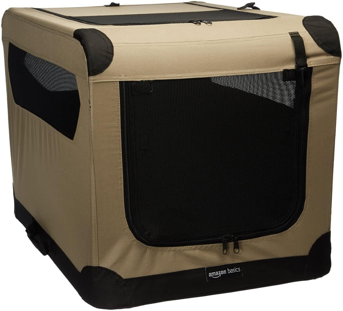 Amazon Basics - 2-Door Portable Soft-Sided Folding Soft Dog Travel Crate Kennel, Small, Tan, 26.0"L X 18.1"W X 18.1"H