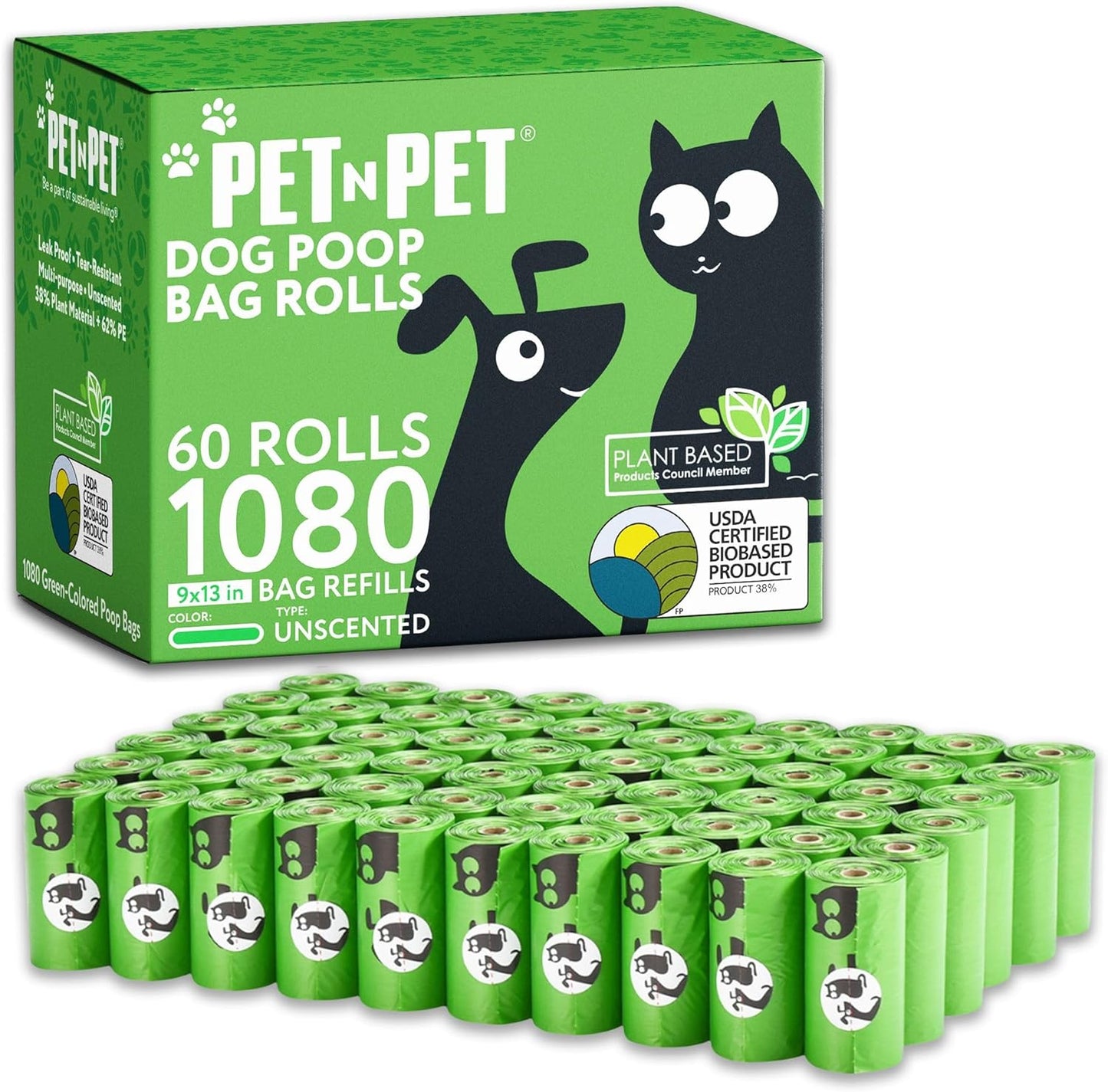 Pet N Pet 1080 Counts Green Poop Bags for Dogs, 38% Plant Based & 62% PE Extra Thick Dog Poop Bags Rolls, 9" X 13" Unscented Dog Bags for Poop, Doggie Poop Bags, Cat Poop Bags, Pet Waste Bags